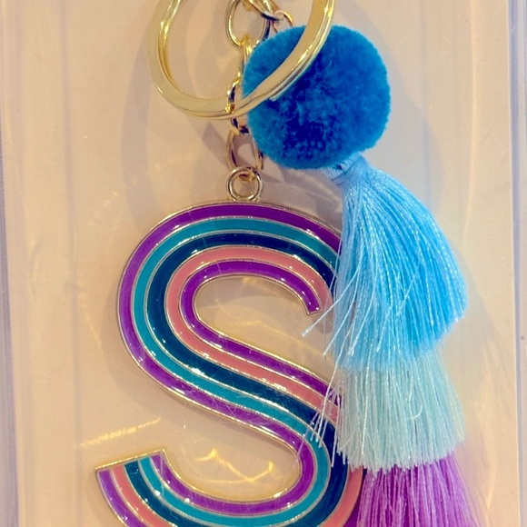🆕 Modern Expressions 'S' Initial Purple Teal Pom Pom Tassel Keychain Bag Charm - Picture 1 of 2
